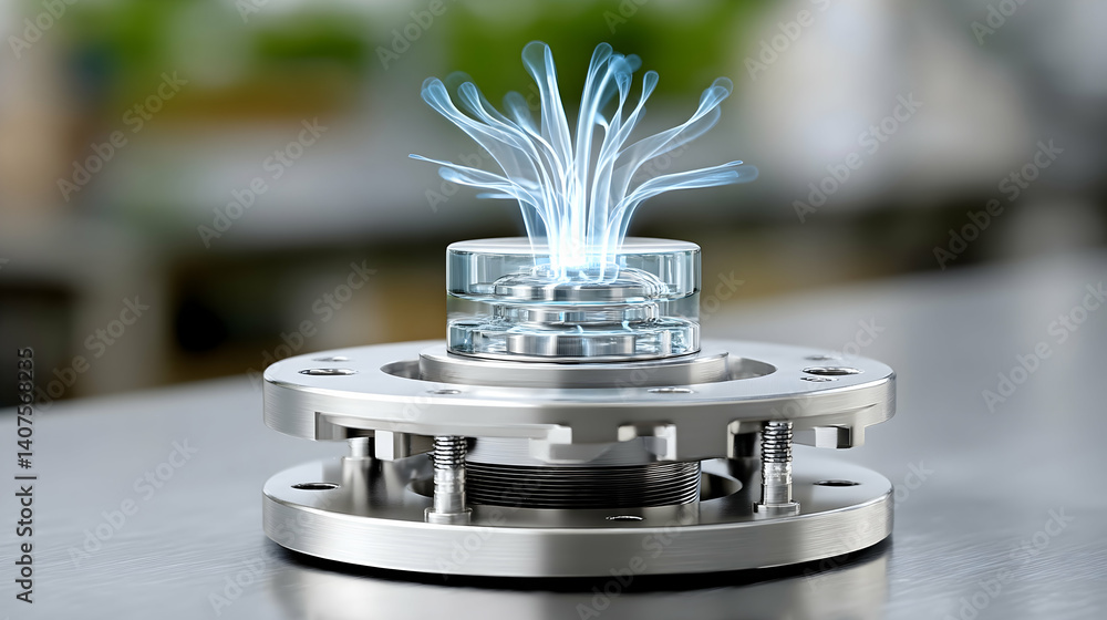 Aufkleber futuristic technology; glowing energy emanating from a transparent component within a metallic devic