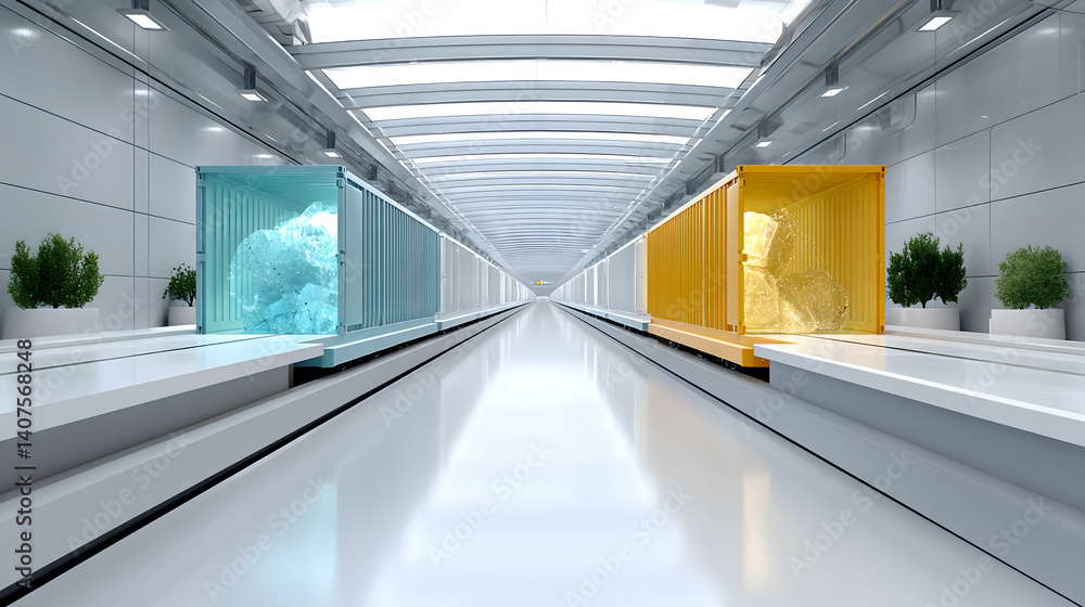 Poster futuristic transport corridor with glowing containers on automated system