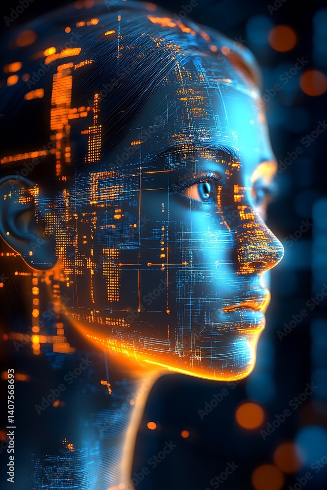 Leinwandbilder Futuristic portrait of a woman with digital overlays representing artificial intelligence and advanced technology concepts : Generative AI