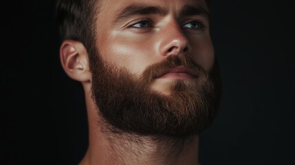 Obraz premium Handsome man with a full beard stands confidently in a moody portrait captured in a dimly lit space