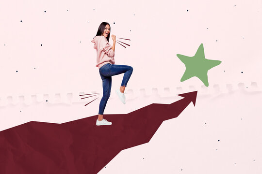 Art image creative photo collage of happy businessman businesswoman stand arrow development star review best mark achievement