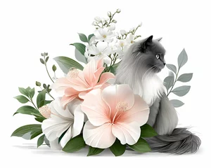 Poster Im Rahmen Gray cat sitting amidst peach and white hibiscus flowers and greenery on white background © Lailatul