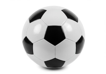 A classic soccer ball with black pentagons and white hexagons on a plain white background studio shot