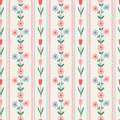 Materiał do szycia Floral seamless striped pattern with hand drawn beautiful flowers, garden blooming. Spring summer background. Vintage trendy print. Cottage core aesthetic. Vector illustration.