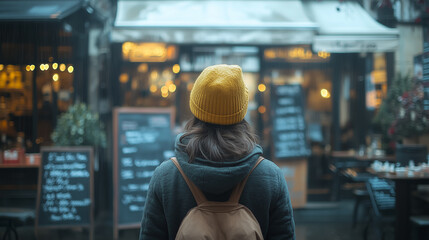 Person wearing a yellow beanie stands in front of a cozy cafe with outdoor seating in a rainy urban setting during twilight hours