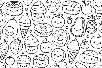 Cute Kawaii Food Pattern Coloring Page - Fun Cartoon Sweets and Snacks
