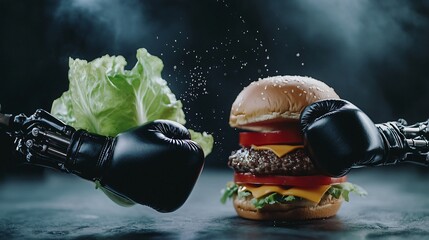 Intense fighting match between fresh green lettuce and greasy hamburger with mechanical arms and boxing gloves made with Generative AI technology