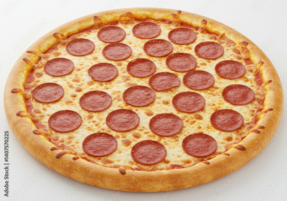 Poster a full pepperoni pizza with a golden crust on a white background in a studio setting view from above