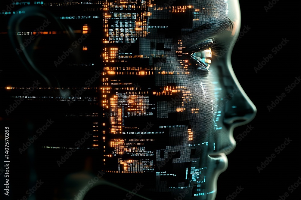 Fototapete Futuristic AI face composed of circuit patterns and glowing data streams symbolizing advanced technology : Generative AI