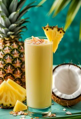 A refreshing tropical smoothie in a tall, clear glass, garnished with a fresh pineapple wedge and toasted coconut flakes on top. The smoothie has a creamy yellow hue, indicating a blend of pineapple a