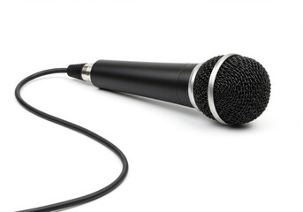 A black microphone with a cord laying on a white surface in a studio setting for recording vocals