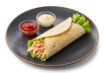 A chicken wrap with lettuce and two sauces on a black plate isolated on a white background studio shot