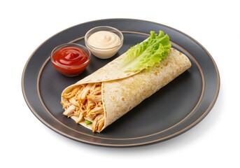 A chicken wrap with lettuce and sauces on a dark plate against a white background in a studio shot