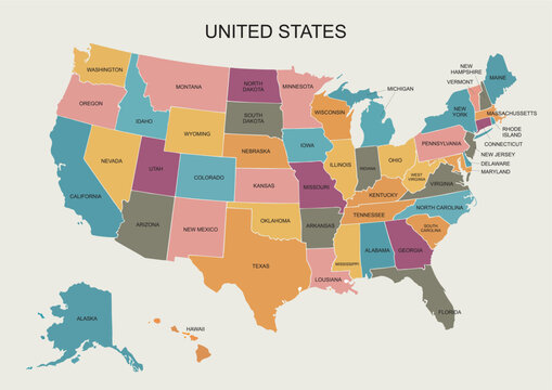 USA map - United State of America vector illustration map with all state names - Color map of USA - Poster administrative map of USA, States and geographical borders, political map of America