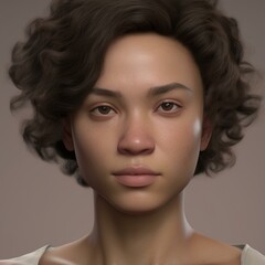 Naklejka premium A highly detailed, hyper-realistic close-up portrait of an AI-generated human face. This digital artwork features lifelike skin textures, expressive eyes, and natural lighting.