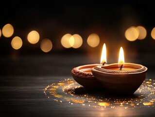 Two glowing clay lamps with flickering flames against a dark background.
