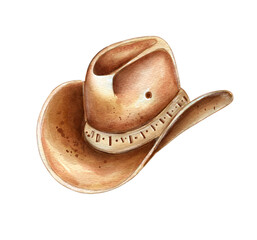 Hand drawn cute watercolor cowboy hat illustration with soft pastel colors and detailed stitching