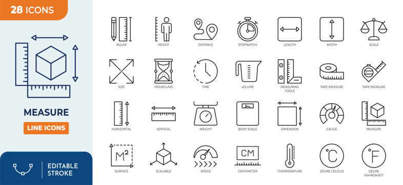 Measure icon set. Containing scale, ruler, size, dimension, temperature, gauge, and more. Outline Icon Collection. Vector illustration. Editable stroke	