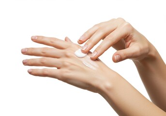 Fototapeta premium Application of cream on the hand with fingers spreading the lotion on the skin in a white background