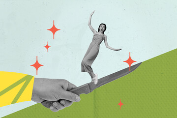 Contemporary poster trend art collage of shocked girl stand sharp knife killer bullying tension...