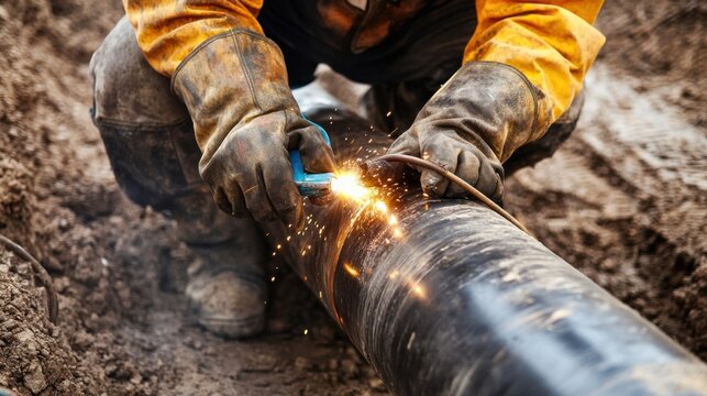 Plumber welding pipes at a construction site. Featuring precision and expertise