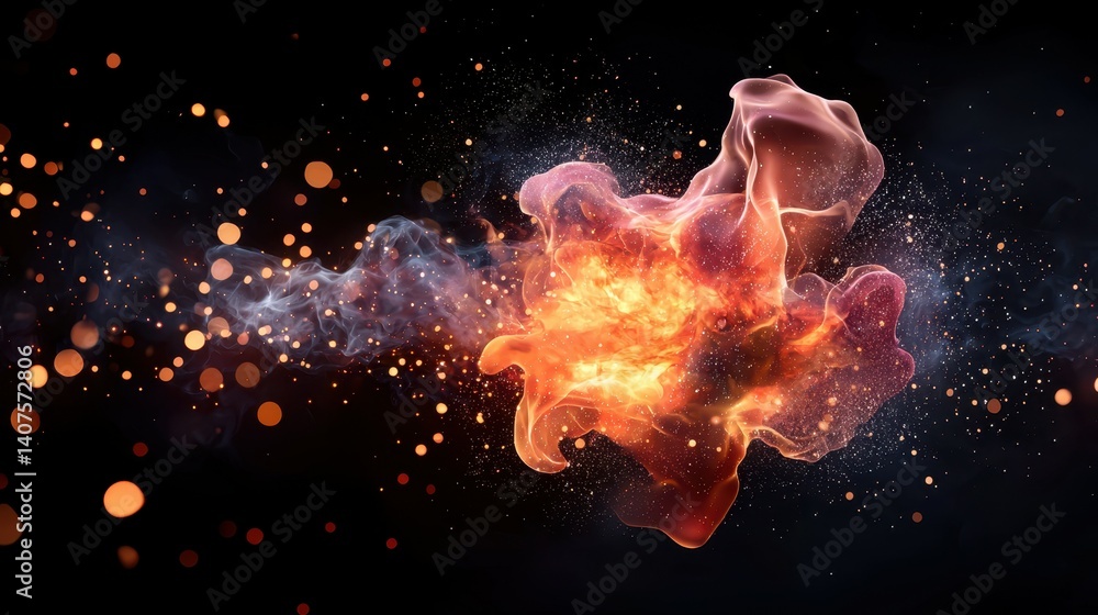 Poster abstract fiery explosion in vibrant reds and oranges against a dark backdrop.