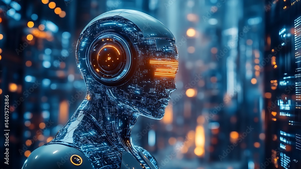 Poster Futuristic humanoid robot showcasing advanced digital technology with glowing elements and high detail : Generative AI