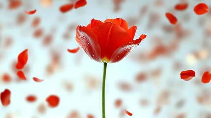 Obraz premium Red tulip blossom with falling petals for sale card or romantic wallpaper background celebration