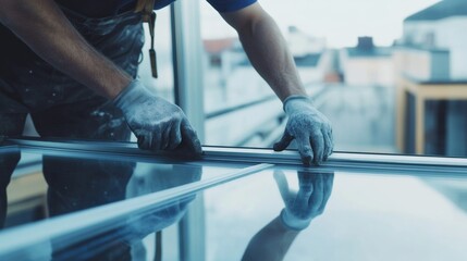 Construction worker fitting a large glass window into place. Featuring precision and teamwork