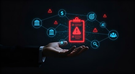 Risk Management Concept: Hand Holding Red Alert Clipboard with Financial Icons on Dark Background - Business Security Illustration