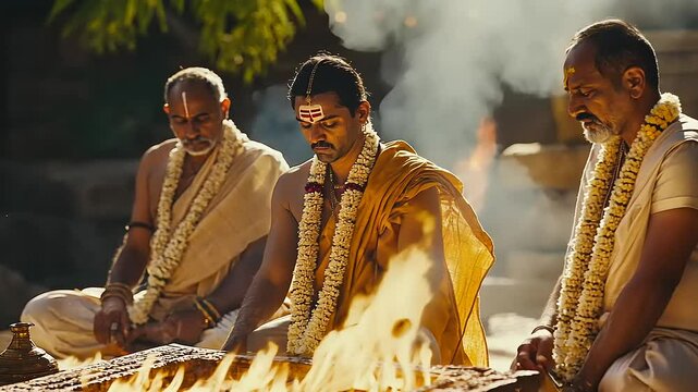 Three priests in traditional attire perform a sacred fire ritual surrounded by nature
