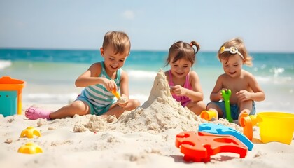 Children building sandcastles on the beach during summer holiday vacation coastal paradise joyful environment fun viewpoint