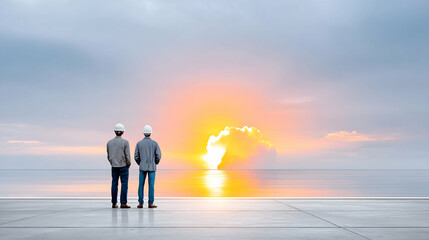 Fototapeta premium Two engineers observe a scenic sunset over the ocean from a concrete platform