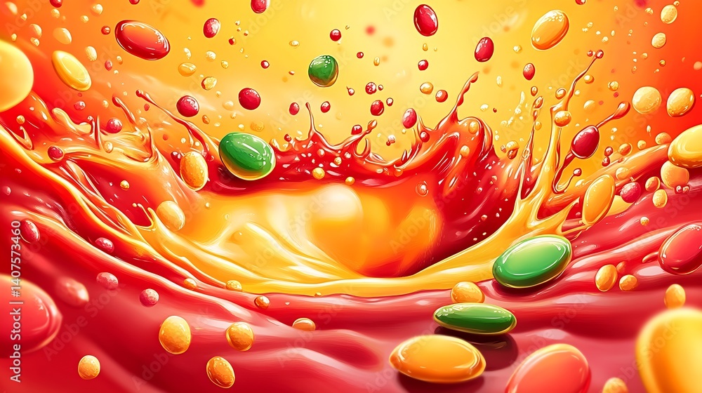 Poster colorful splash of liquid with candy droplets creating a vibrant artistic scene : generative ai