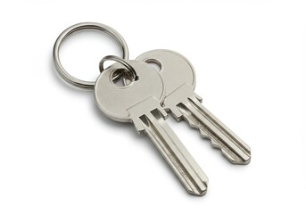 A close up shot of two silver keys attached to a silver keyring on a white background surface