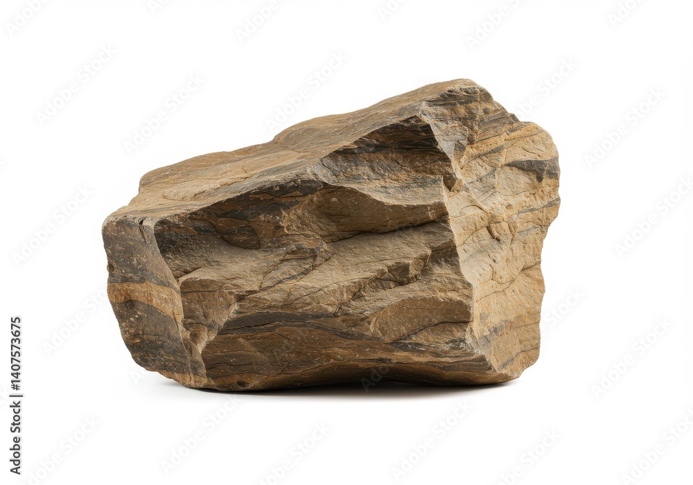 Poster isolated brown rock formation with visible textures and layers against a white studio background vie
