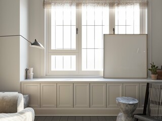 poster mockup in cozy simple modern living room. 3d illustration