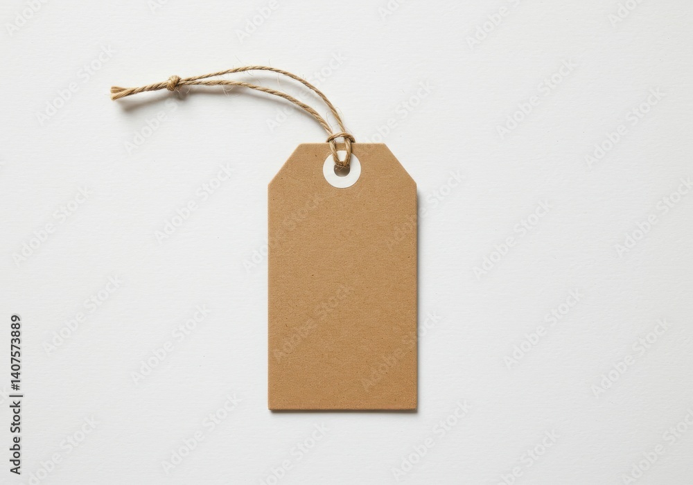 Poster a simple brown tag with a string attached on a white background in a studio shot for product pricing
