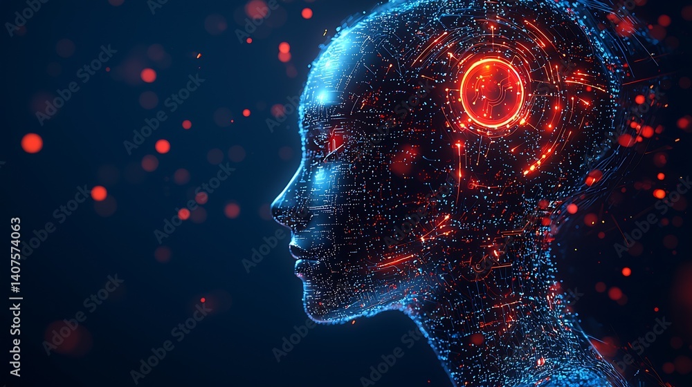 Aufkleber Futuristic profile of a digital human head with glowing circuitry and streaming data : Generative AI