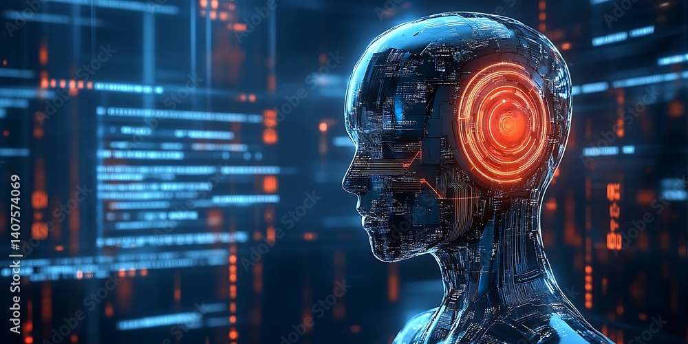 Poster Futuristic close-up of a humanoid robot head with glowing elements and digital background elements : Generative AI