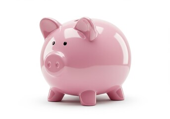 A pink ceramic piggy bank with a coin slot on its back isolated on a white background in studio lighting