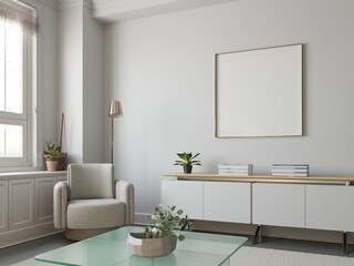 poster mockup in cozy simple modern living room with modern credenza. 3d illustration