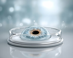 A realistic human eye, meticulously detailed, sits within a clear, modern glass container on a reflective surface