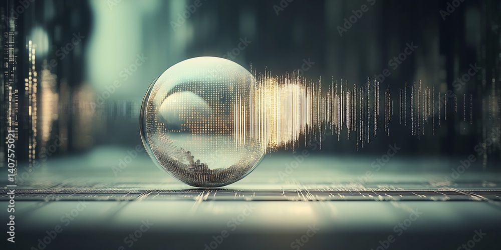 Poster A conceptual glass sphere emitting sound waves while surrounded by abstract digital data illustrating technology : Generative AI