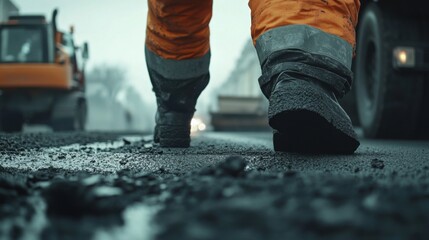Road worker applying asphalt to a new road. Featuring precision and technique