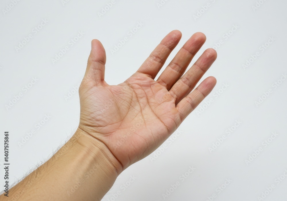 Poster open human hand with fingers extended against a plain white background in a studio setting view