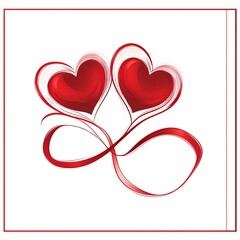 Two red intertwined hearts as a minimalistic line art vector illustration on white background, perfect for Valentine's Day greeting cards, love-themed banners, wedding invitations, or romantic social 
