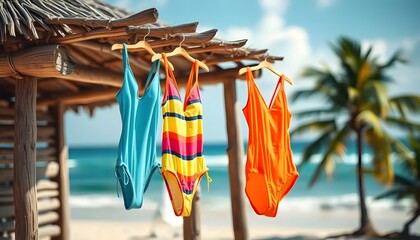 Summer vacation swimsuits hanging by the beach tropical paradise colorful swimwear sunny environment relaxing atmosphere