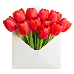 Red tulips in an envelope, space for text, isolated on white background, PNG
