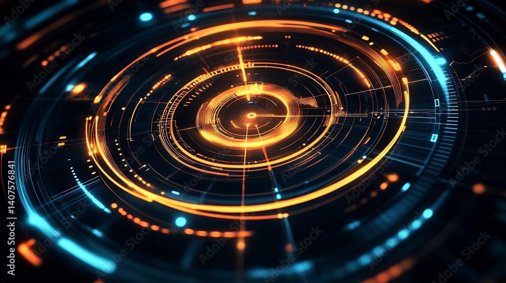 Poster futuristic technology interface design with circular patterns and brilliant orange accents : generat